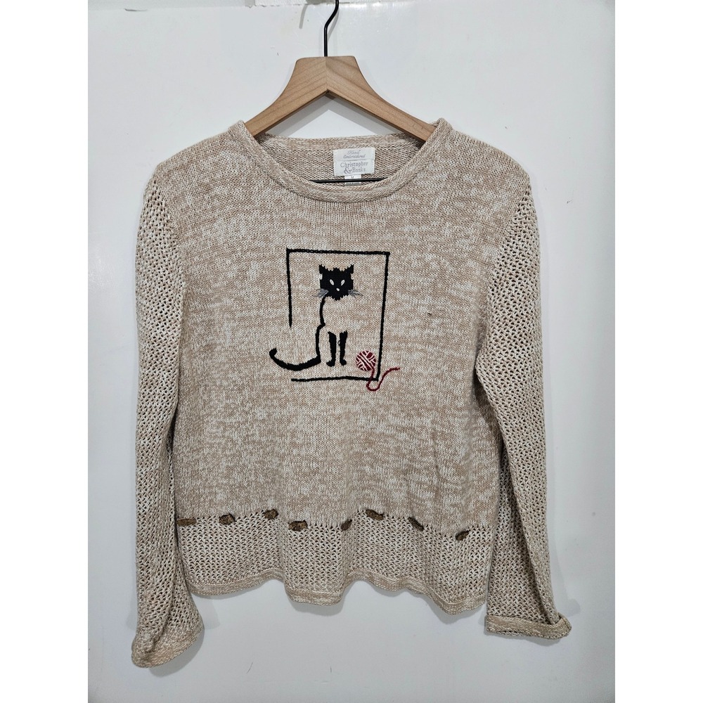 Vintage 2003 Christopher & Banks Cat Sweater M Ramie Cotton Y2K Cottagecore